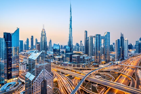 Dubai skyline and road network around the Burj Khalifa district